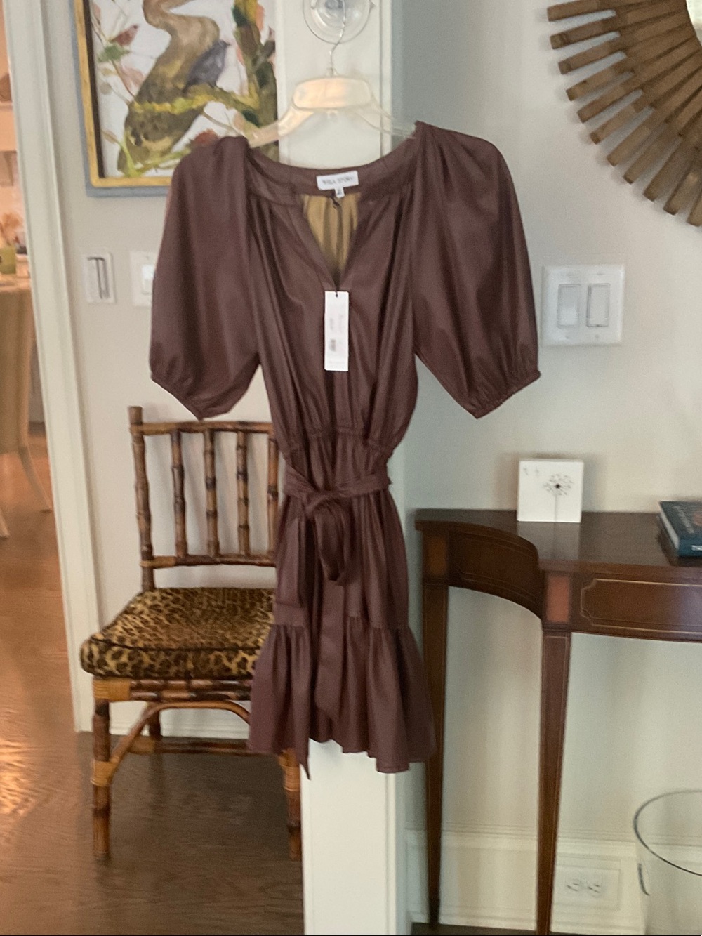 Smocked-Waist Brown Midi Dress with Puff Sleeves and Tie